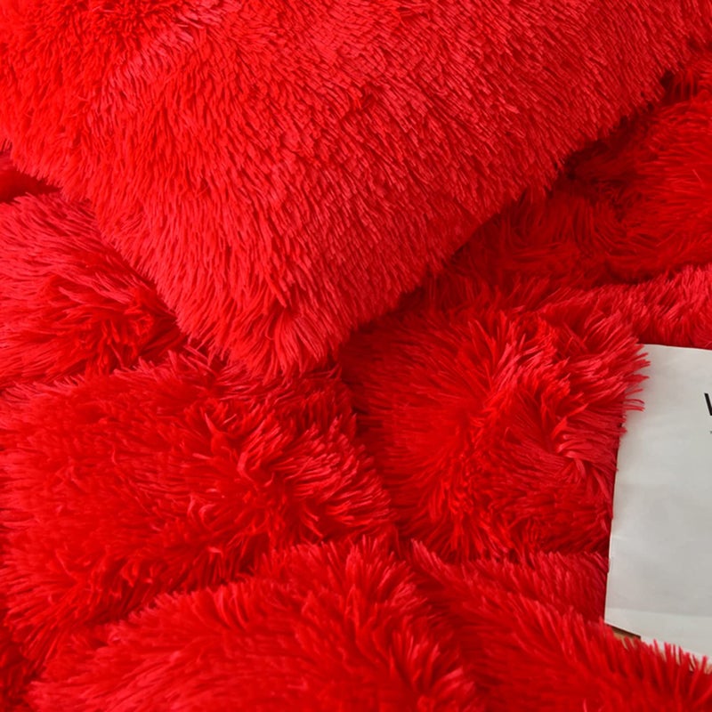 MorroMorn 5 PCS Shaggy Duvet Cover Bedding Set - Long Faux Fur Luxury Ultra Soft (Red, Full/Queen) - Image 3